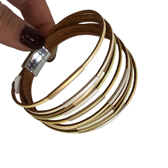 Neutral Wide Wrap Around Leather Bracelet - Picture 2 of 4